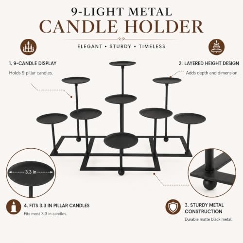 9 Pcs Pillar Fireplace Candle Holders Set - Multi-Level Iron Mantle Decor