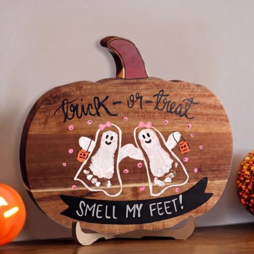 Baby Halloween Pumpkin Cutting Board with DIY Ghost Footprint & Colors - Fall Decor