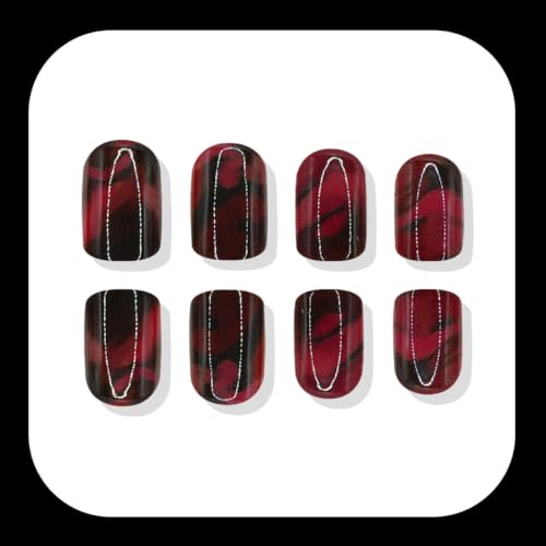 Halloween Short Square Press On Nails Set - Burgundy Black Gradient, Style7