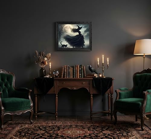 Halloween Witch Canvas Wall Art - Black Framed 12x16in with Black Cat & Moon - Variation: Witch Black Cat 16"L x 12"W