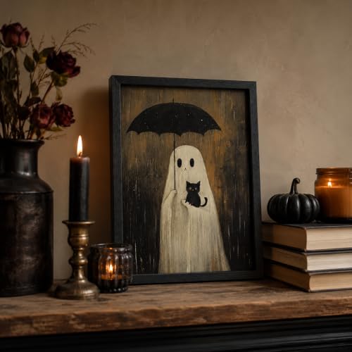 Ghost and Black Cat Wall Art - Framed Halloween Moody Scene 16x12 Inches