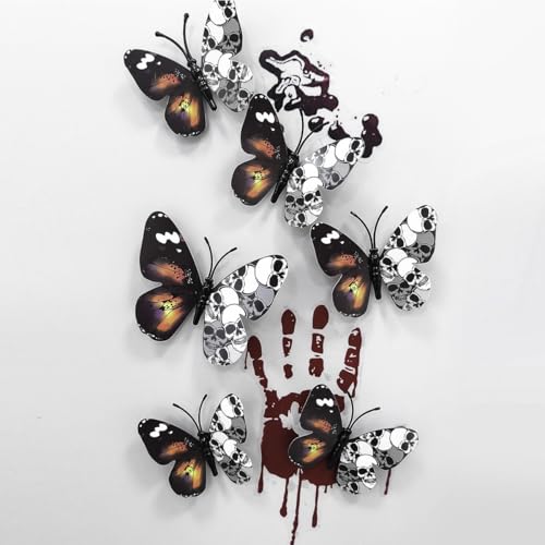 Halloween Wall Decals 12-Pack 3D Skull Butterfly Stickers for Festive Decor