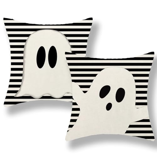Halloween Pillow Covers 24x24 Set of 2 Ghost Stripe Linen Outdoor Decor - Black & White