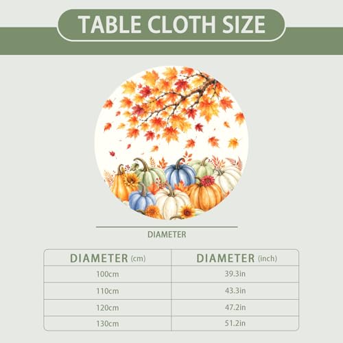 Fall Pumpkin Round Fitted Tablecloth Orange Maple Leaf Waterproof 40-44 Inch