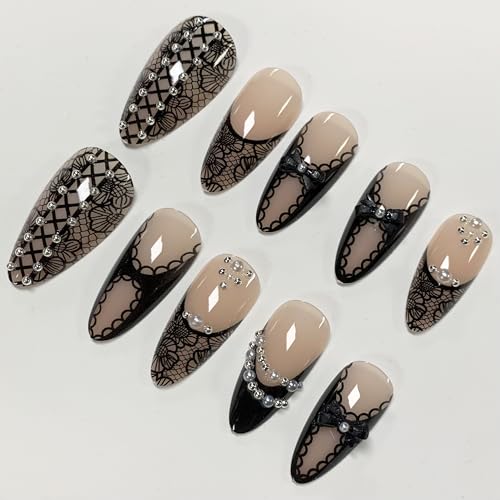 BABALAL Gothic Lace & Pearl Fake Nails - ANE04-04 Medium Almond Press-On 24Pcs