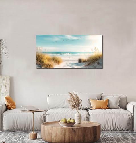 Beach Reeds Canvas Wall Art - Ocean Coastal Landscape for Living Room & Bedroom - 20x40 Inches