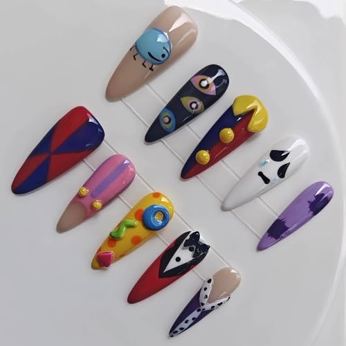 Gleamrain Long Stiletto Almond Press-On Nails - Design Color 814, 10Pcs, M Size