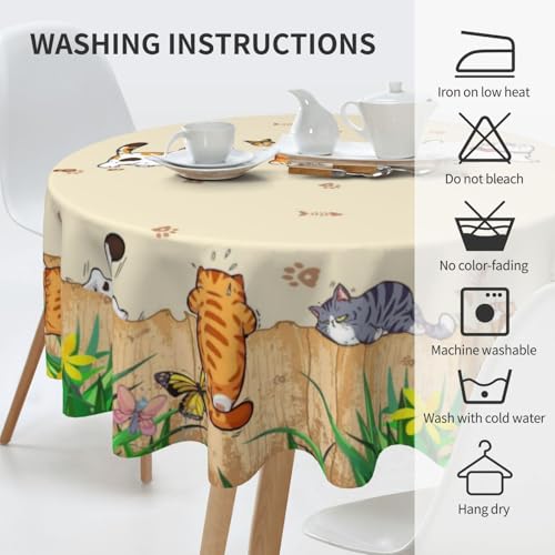 Cat Round Tablecloth 70 Inch Waterproof Rustic Fishbone Paw Floral Farmhouse Decor