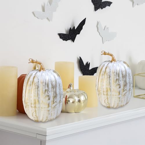 Artificial Pumpkins Set - Gold Brush White Faux Fall Decor, 8.7" - Autumn Wedding & Holiday Table Centerpieces