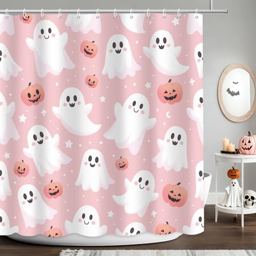 Halloween Shower Curtain Pink Cute Abstract Spooky Pumpkin Bathroom Decor with 12 Hooks - Pink3