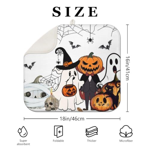 Halloween Dish Drying Mat Extra Large 16x18-Inch Microfiber Drainer Pads - Ghost Design, Black & White Variation