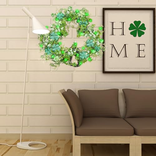 Green 15-Inch Shamrocks Wreath for St. Patrick's Day Front Door Decor - Artificial Clover Garland
