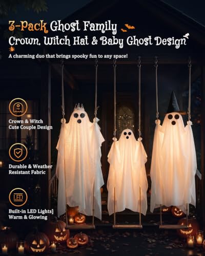 3-Pack Swinging Ghost Halloween Decorations Outdoor - 4.5-7.2 FT Adjustable, Light-Up Ghosts with Swaying Fabric