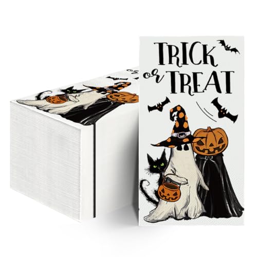 Halloween Paper Napkins 100 Pack - Jack-O-Lantern Ghost Bats Cat 4.3x7.9 Inches