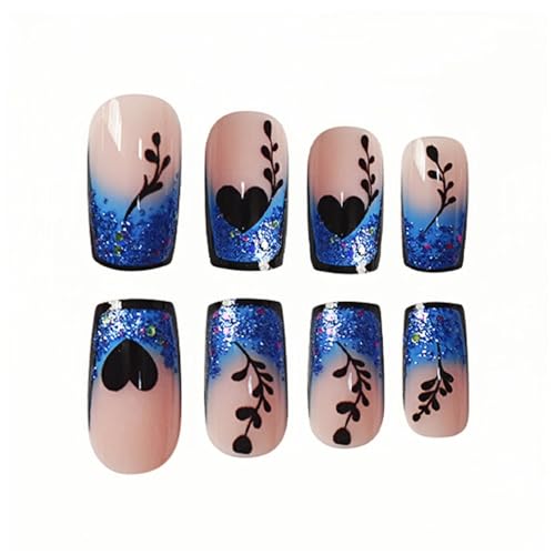 Press On Nails Short Square Gradient Glitter Heart Design with Glue & Tools - 24Pcs