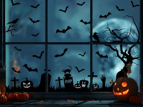Halloween Window Clings Stickers Set - Tombstone Cross Bats Reusable Decor