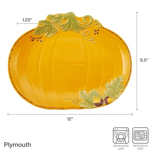 Pumpkin Serving Platter - 12 Inch Fall Pumpkin Shape with Acorn & Leaf Accents