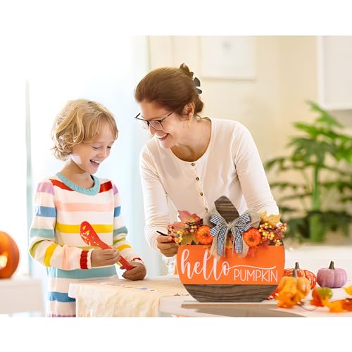 Fall Wooden Hello Pumpkin Sign - Autumn Decor, Tabletop Halloween & Thanksgiving