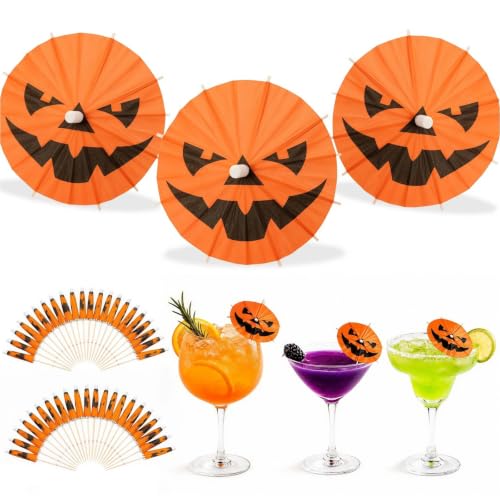 Halloween Pumpkin Cocktail Umbrellas Set - 100 Assorted Spooky Drink Picks