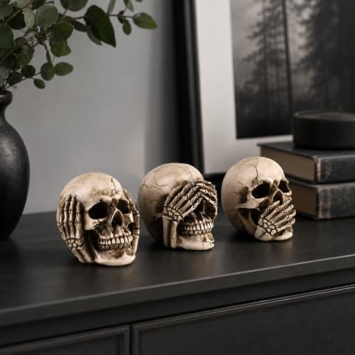 3-Piece Gothic Skull Statues Set - Hear See Speak No Evil Figurines
