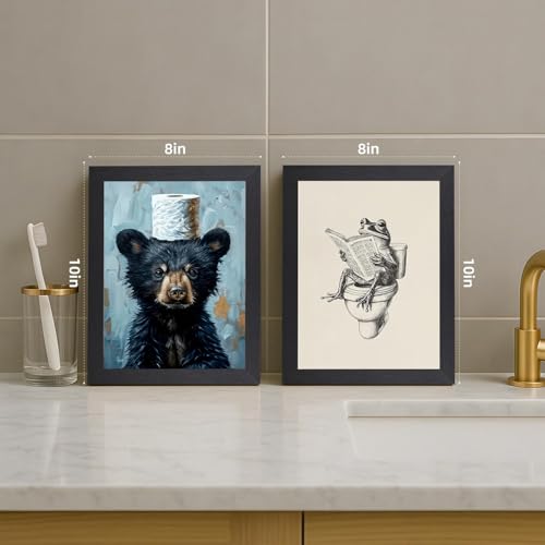 Bathroom Frog Canvas Wall Art - 12x16 Inch Funny Toilet Reading Frog Decor - Black Frame