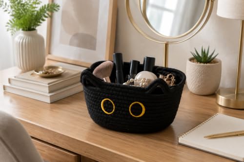 Black Cat Cotton Rope Storage Basket - Small, Cute, Foldable Organizer
