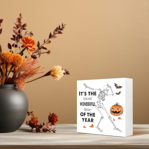 Autumn Wooden Block Sign - Skeleton Pumpkins Fall Halloween Decor - Most