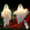 2 Pack Glowing Hanging Ghosts with Black Cauldrons - Halloween Yard Decor, Indoor Party Decorations, Spooky Ghosts with LED Glow - White Variant