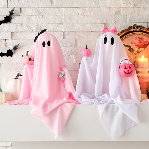 Pink Halloween Ghost Decorations - 12in Girlie Pumpkin Ghost Figurines, Set of 2