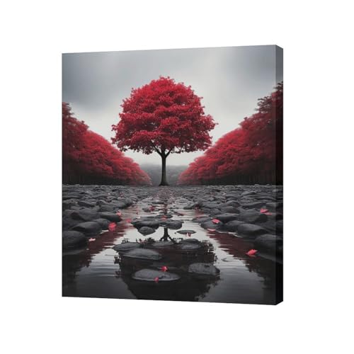 Red Tree Wall Art Canvas Print - Zen Stone River Landscape, Framed, 24x20 Inches - Black and White