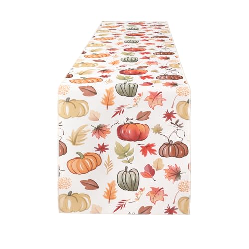 Fall Table Runner for Kitchen Dining 13x60 Inches - Harvest Pumpkins & Maple Leaves, Water-Proof & Washable