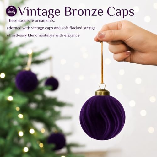 Velvet Christmas Ornaments Set 36PCS Flocked Holiday Decorations - Purple, Shatterproof