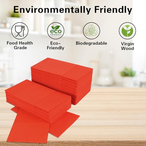 Dark Orange Linen-Feel Disposable Dinner Napkins with Flatware Pocket - 16x16in, 50 Pack