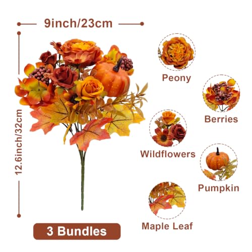 Artificial Fall Flowers with Pumpkins - Orange 3-Pack Fall Decorations for Table