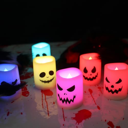 Color Changing Flameless Candles with Remote Timer - Halloween Ghost Face LED Votive Set
