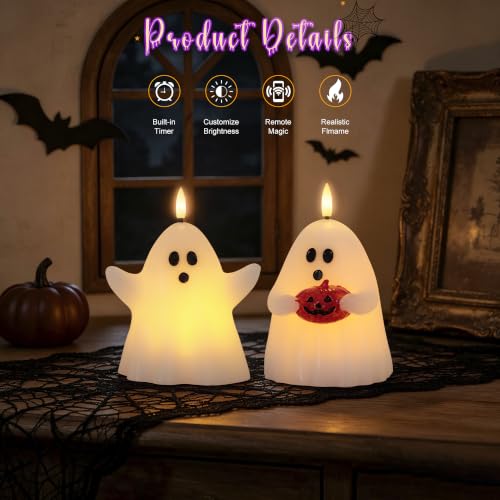 Ghost Flameless Candles with Timer - Real Wax Halloween Decor - 2 Pack - Ghost Variation