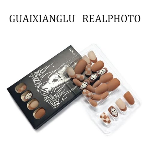 Halloween Press On Nails Short Oval Fake Nails with Ghost & Checkered Design - Brown, Reusable, 24Pcs - Variation: Color35
