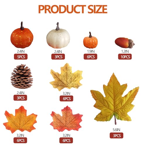 Autumn Fall Decorations Set with Pumpkins Acorns Pinecones & Leaves - 48pcs Thanksgiving Halloween Home Decor