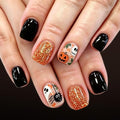 Halloween Press On Nails Short Square Gel Polish Set - Orange Black Skeleton Ghost Spider Glitter 24 pcs - Variation 3