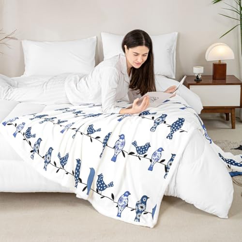 Kids Bird Blanket Throw - Blue, Multi 6 / Boho Nature Floral Animal Print