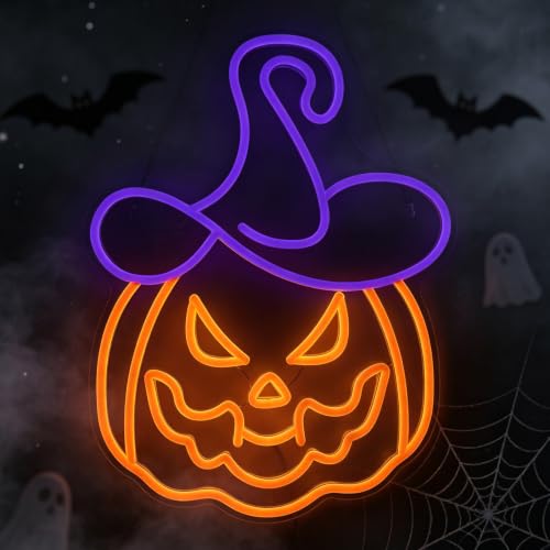 Halloween Neon Sign Pumpkin Witch Hat Variation - Spooky Party Decor