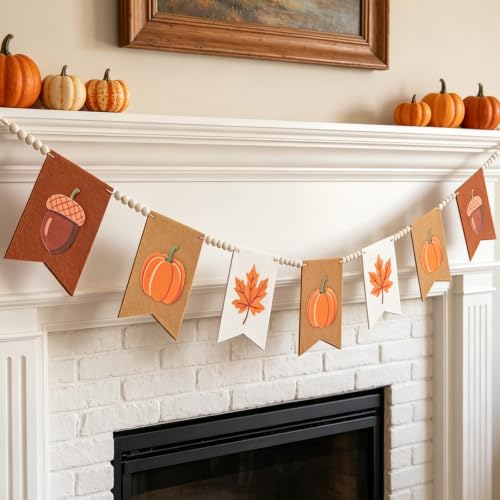 Orange Fall Garland with Felt Pumpkins & Wood Beads - 9.84FT Farmhouse Fall Decor