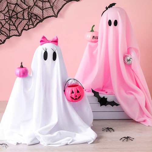 Pink Halloween Ghost Decorations - 12in Girlie Pumpkin Ghost Figurines, Set of 2