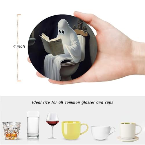 Halloween Ghost Coasters Set of 6 - Ceramic Drink Coasters with Cork Base & Metal Holder
