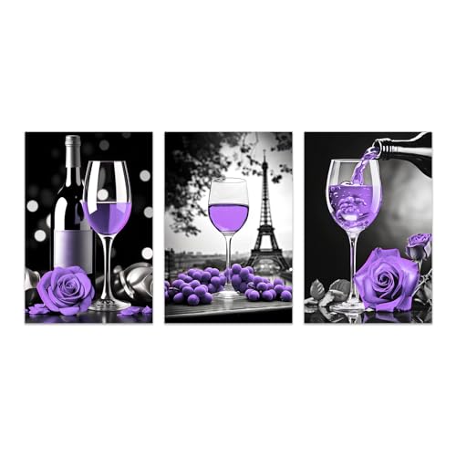 3-Piece Wine Wall Art Canvas Prints Purple and Black Eiffel Tower & Rose Kitchen Decor 16x24in