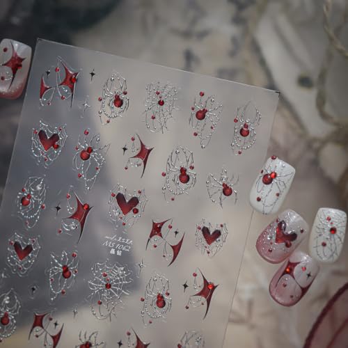 Halloween Red Spider Nail Stickers Set - Silver Web & Rhinestones for Manicure