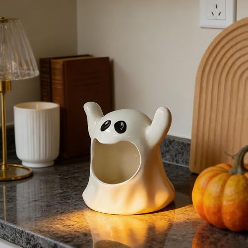 Ghost Shaped Ceramic Candy Bowl - Halloween Candle Holder & Organizer - Variation: Ghost