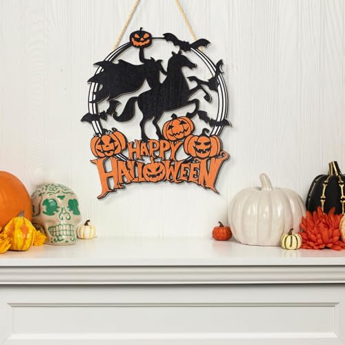 Halloween Welcome Sign for Front Door Headless Horseman Pumpkin Bat Wooden Hanging Sign Halloween Decor