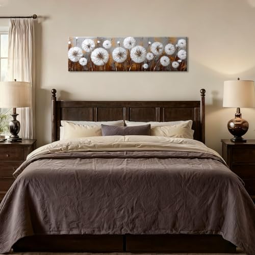 Dandelion Wall Art Canvas - Rustic Farmhouse Floral Decor 48"L x 14"W - White Flower
