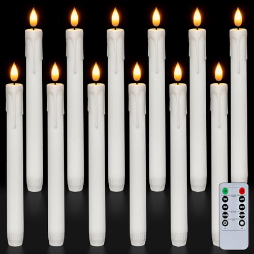 Homemory 12 Pcs White Flameless Taper Candles with Remote Timer - Safe Indoor LED Candlesticks, 9.6 Inches